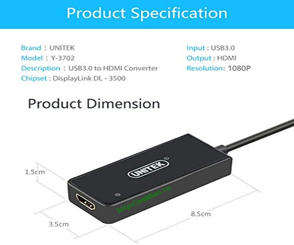 Cáp chuyển đổi USB 3.0 sang HDMI Unitek Y-3702 chính hãng